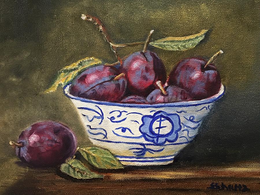 Plums In Bowl Painting by Sharon Schultz
