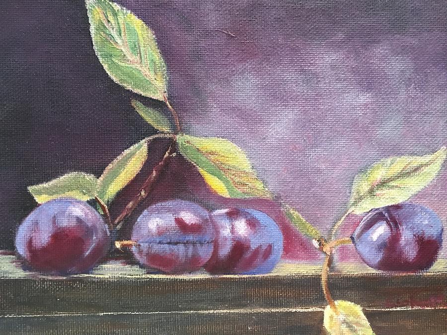 Plums on board Painting by Sharon Schultz