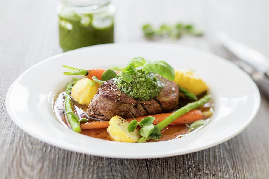 Poached Beef Fillet With Vegetables And Pesto low Carb Photograph by Jan Wischnewski