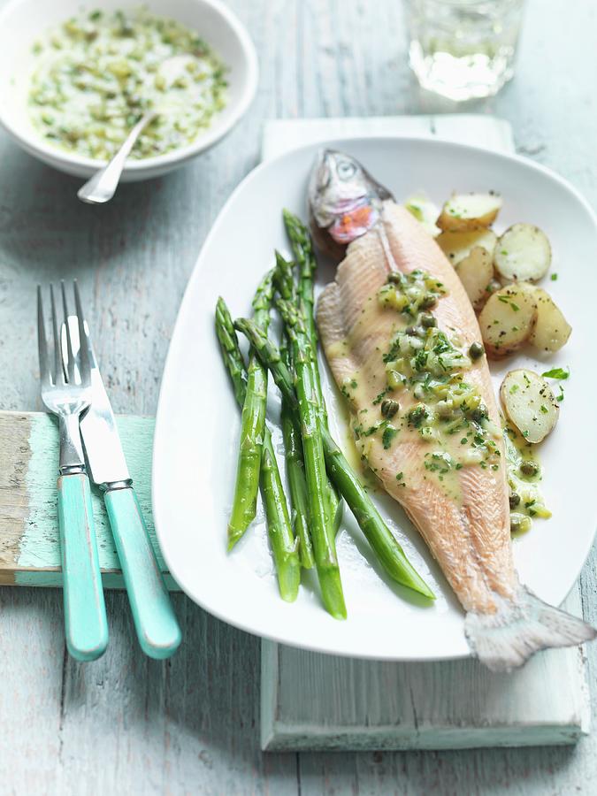 Poached Trout With A Caper Sauce And Green Asparagus Photograph by Jonathan Gregson