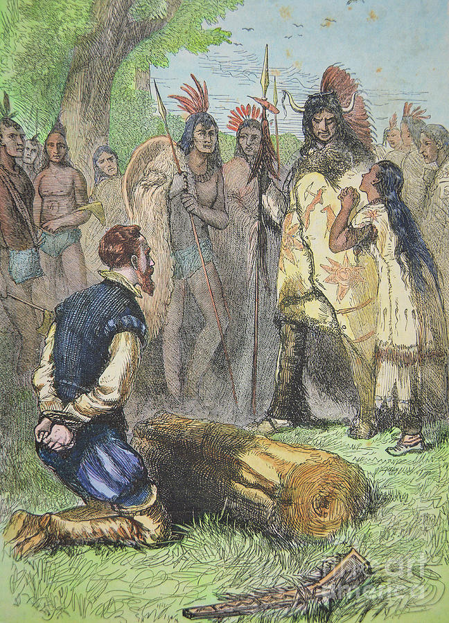 Pocahontas Drawing - Pocahontas Saves The Life Of John Smith by American School