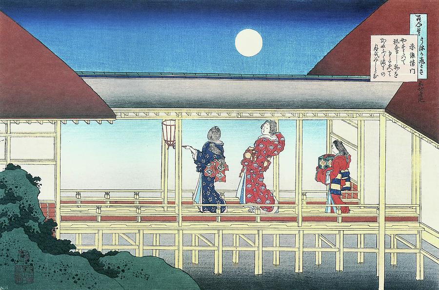 Katsushika Hokusai Drawing - Poem by Akazome Emon, from the series One Hundred Poems Explained by the Nurse -Hyakunin isshu ub... by Katsushika Hokusai -1760-1849-