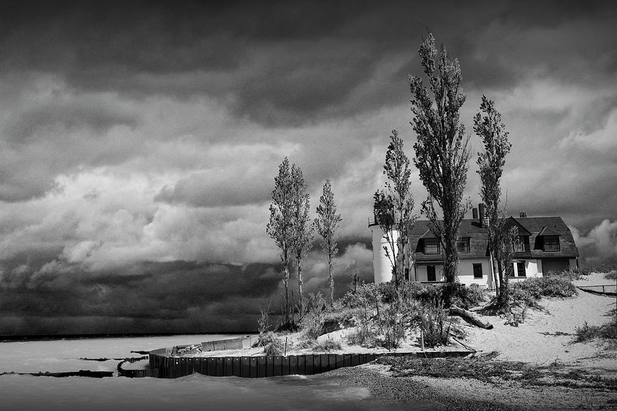 Point Betsie Lighthouse in Black and White after a Storm on Lake Photograph by Randall Nyhof