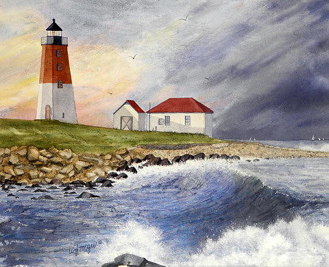 Point Judith Lighthouse Painting by Lizbeth McGee