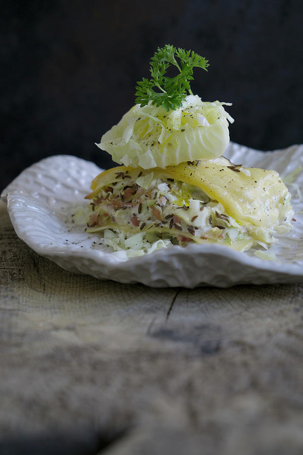 Pointed Cabbage Lasagne With Bacon, Caraway And Pointed Cabbage Slaw Photograph by Martina Schindler