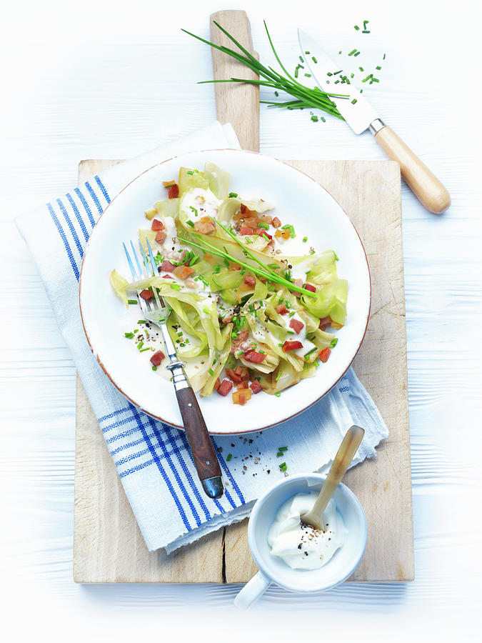 Pointed Cabbage With Sour Cream And Chives Photograph by Martina Urban