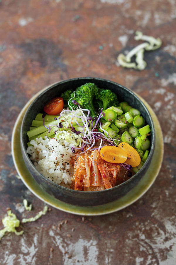 Poke Bowl With Celery, Broccolini, Green Asparagus And Kimchi Photograph by Jan Wischnewski