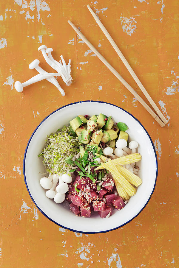 Poke Bowl With Tuna Fish, Avocado, Broccoli Shoots And Enoki Mushrooms On Sushi Rice hawaii Photograph by Jan Wischnewski