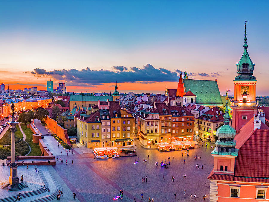 Poland, Masovia, Warsaw, Sigismunds Column, Castle Square, St. Johns Archcathedral And Royal Palace At Blue Hour Digital Art by Manfred Bortoli