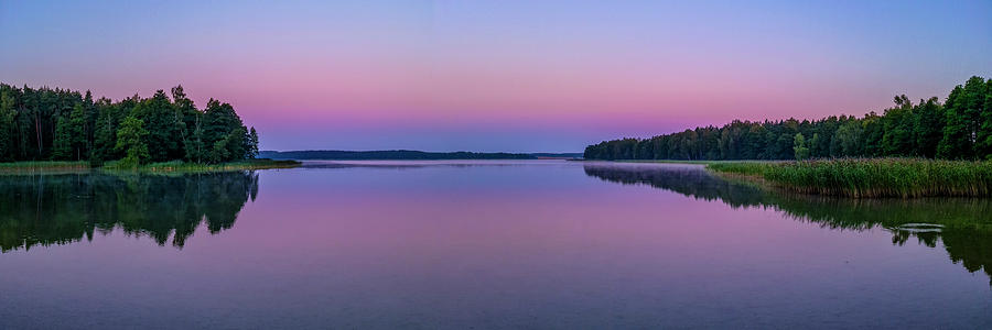 Poland, Warmian-masurian, Gizycko, A Lake At Blue Hour In The Land Of A Thousand Lakes With Pink Sky Digital Art by Manfred Bortoli
