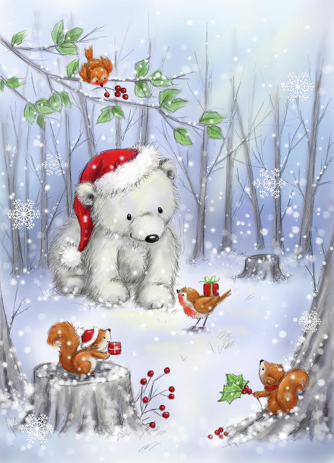 Robin Mixed Media - Polar Bear In Wood by Makiko