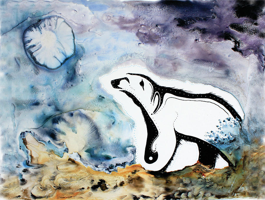 Polar Bear Painting - Polar Bear Talks To The Moon by Colleen Gray