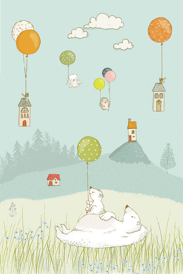 Animal Painting - Polar Bears and floating houses whimsical Art for Kids by Matthias Hauser