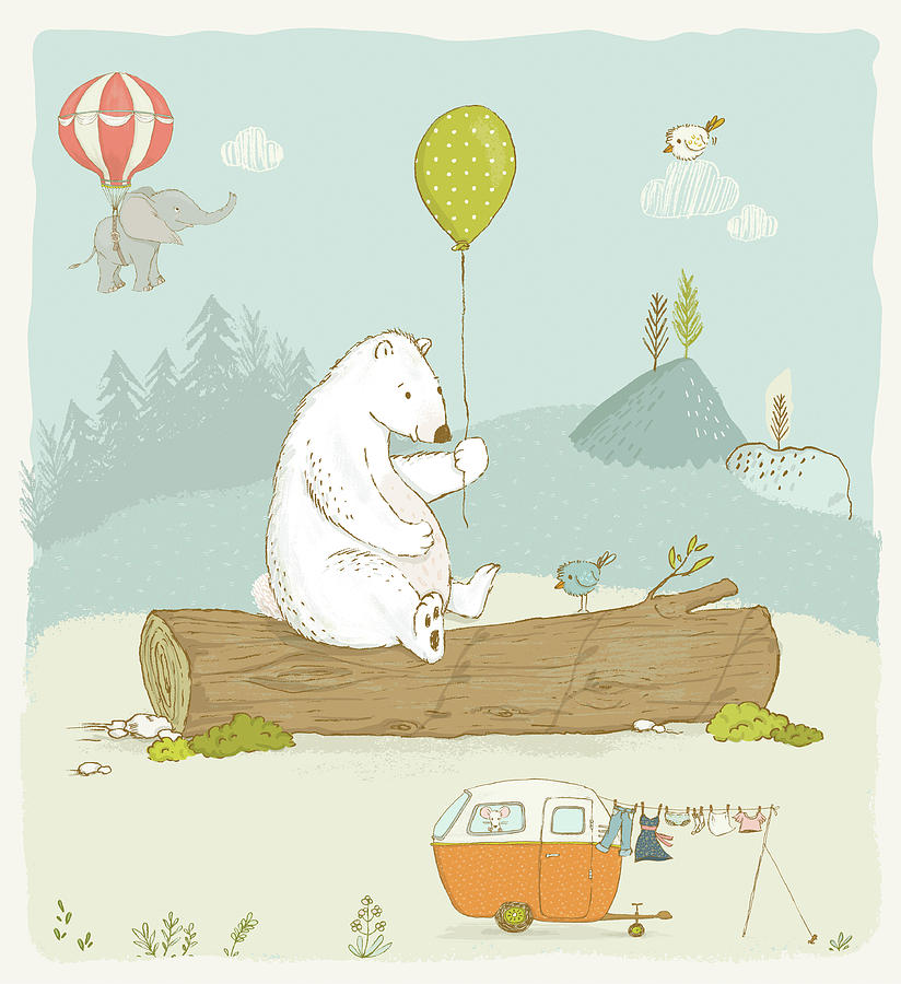Cute white Polar Bear with balloon whimsical Art for Kids Painting by Matthias Hauser