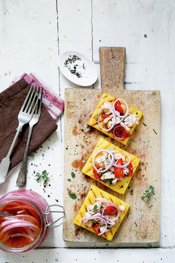 Polenta Crostini With Pickled Red Onions And Fish Photograph by Maricruz Avalos Flores