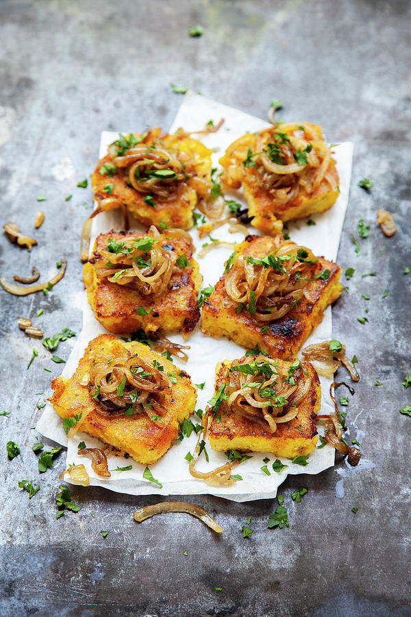 Polenta Slices With Grilled Onions Photograph by Julia Skowronek