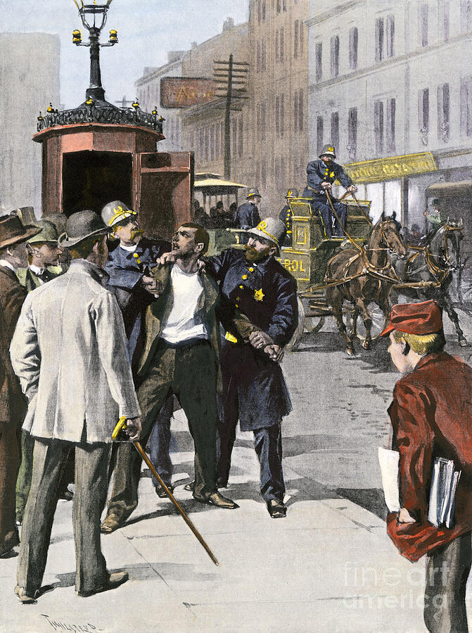 Chicago Drawing - Police Arresting A Suspect In Chicago, 1890 Colour Engraving Of The 19th Century Colour Engraving By Thulstrup by American School