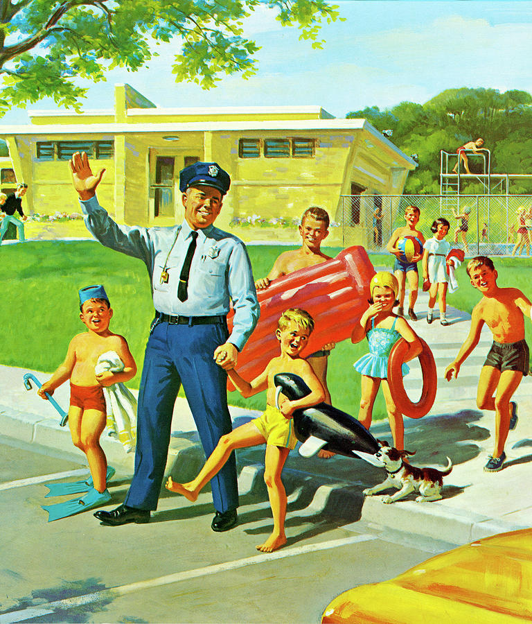 Summer Drawing - Policeman Escorting Children Across Street by CSA Images