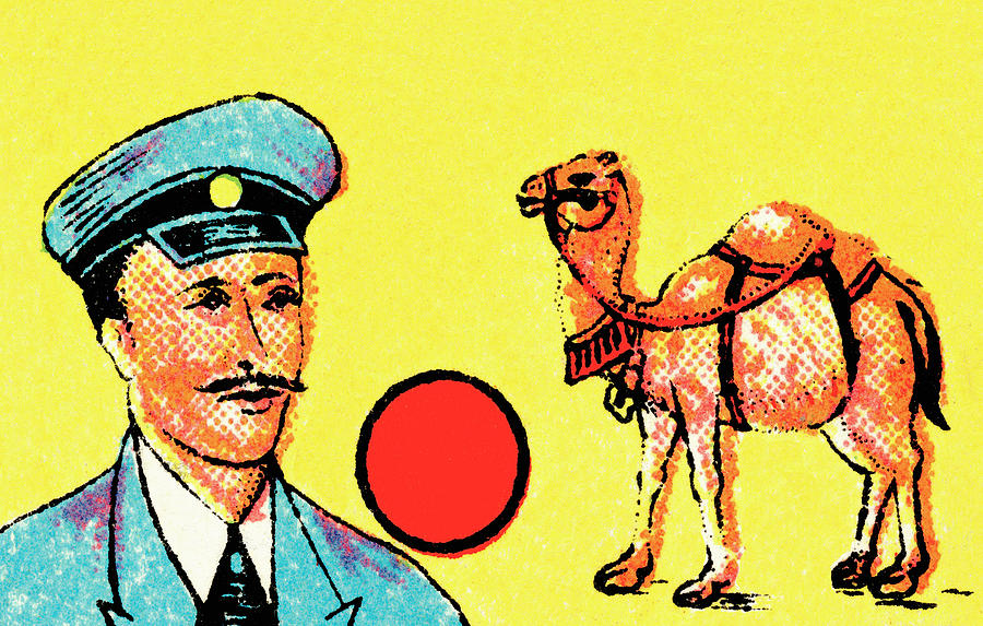 Vintage Drawing - Policeman, red sun, camel by CSA Images