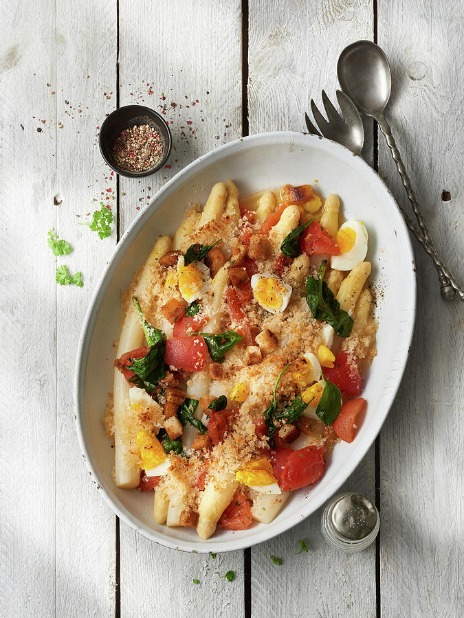 Polish-style Asparagus With Tomato, Egg And Breadcrumbs Photograph by Seefoodstudio