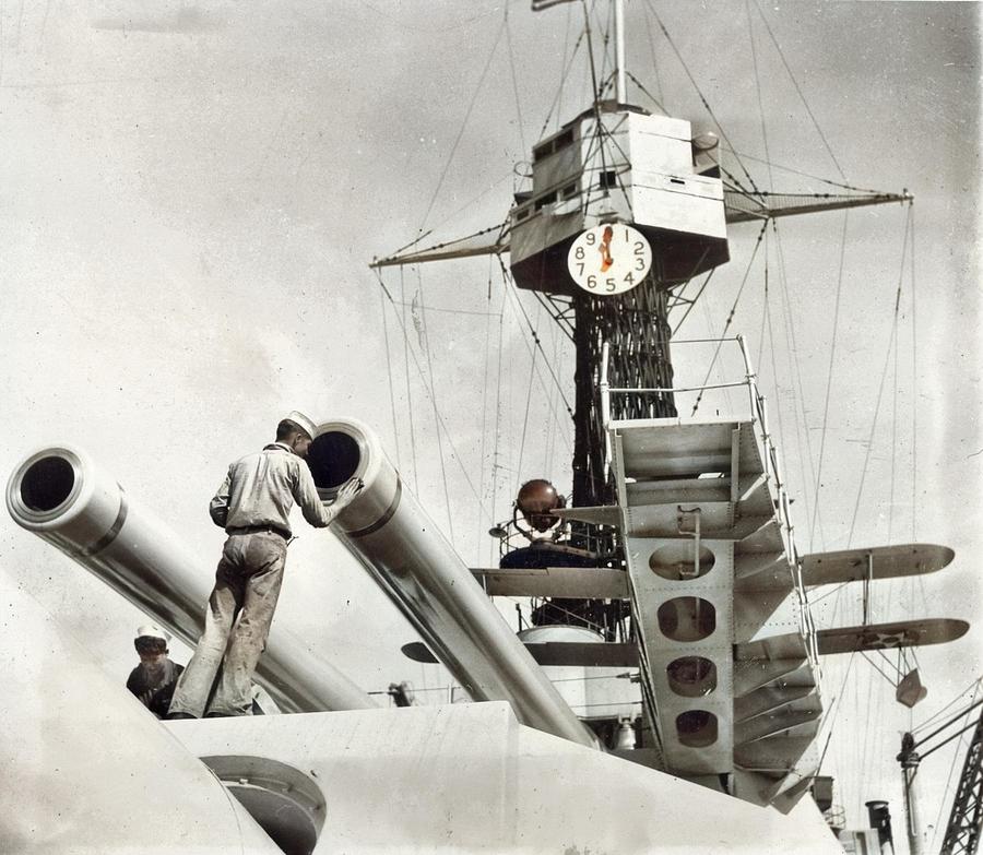 Polishing Brass on USS California 1931 colorized by Ahmet Asar Painting by Celestial Images