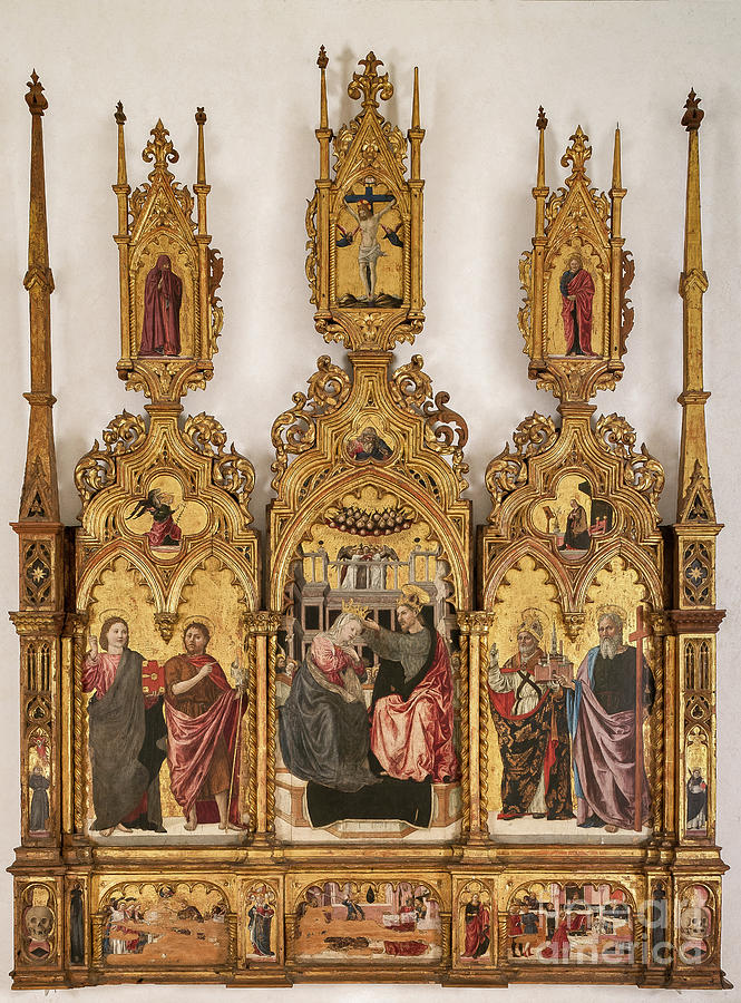 Polyptych On Golden Background Coronation Of The Virgin And Saints