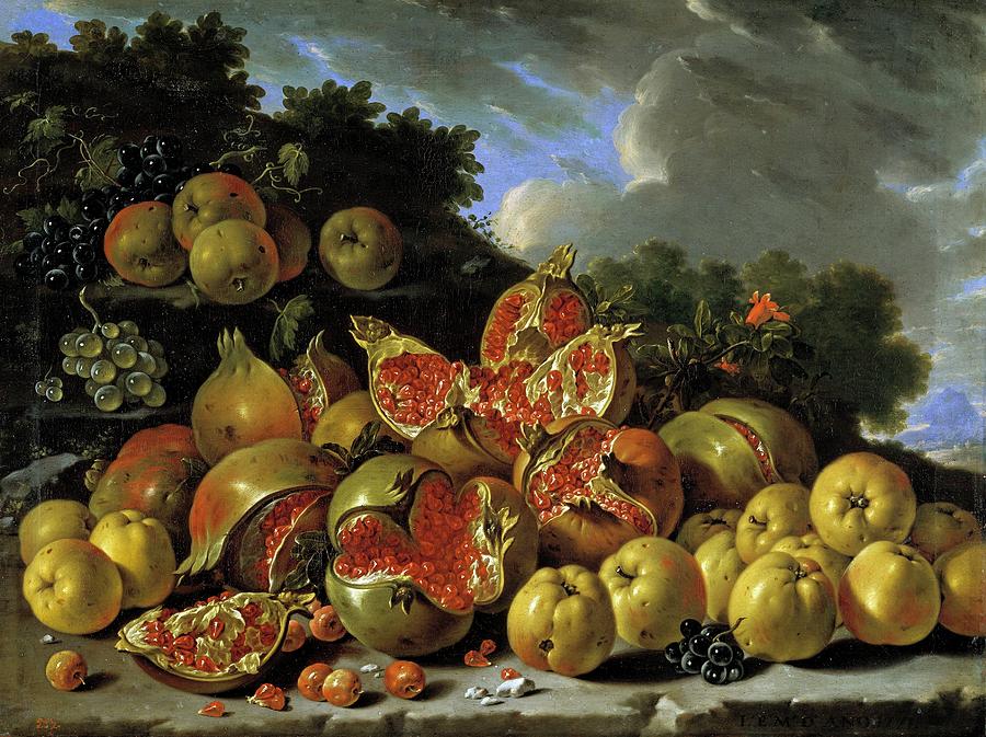 Pomegranates, apples, haws and grapes in a landscape, 1771, Spanish Scho... Painting by Luis Melendez -1716-1780-