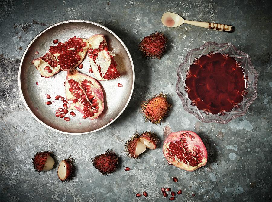 Pomegranates, Lychees And Pomegranate Jam Photograph by Charlotte Kibbles