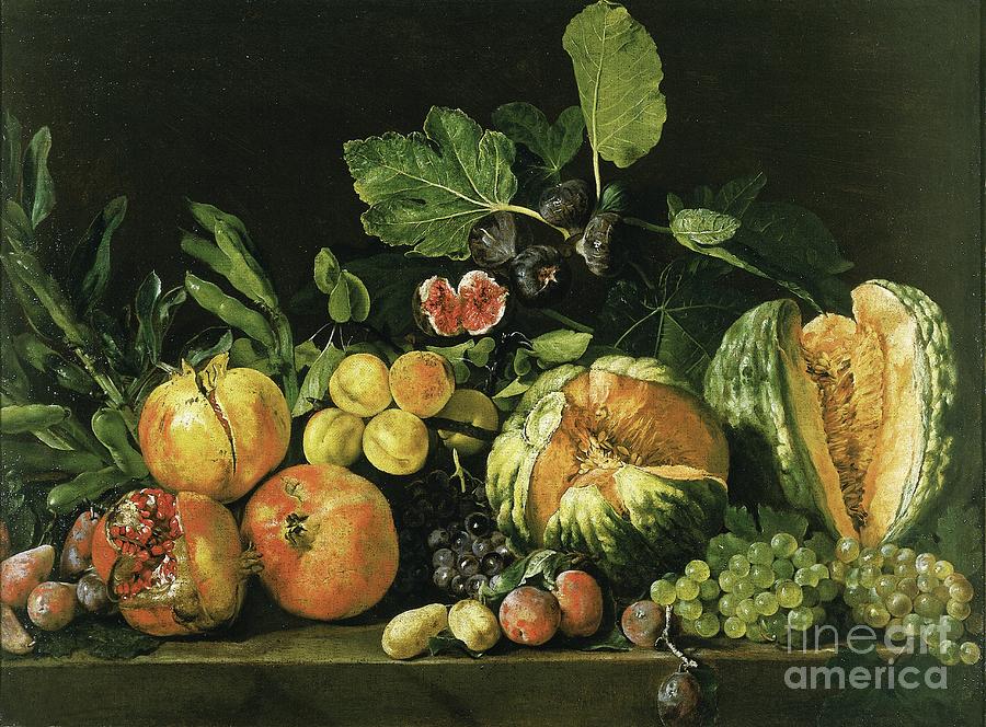 Grape Painting - Pomegranates, Melons, Grapes, Peaches, Figs And Other Fruits On A Stone Ledge by Master Of The Acquavella Still Life