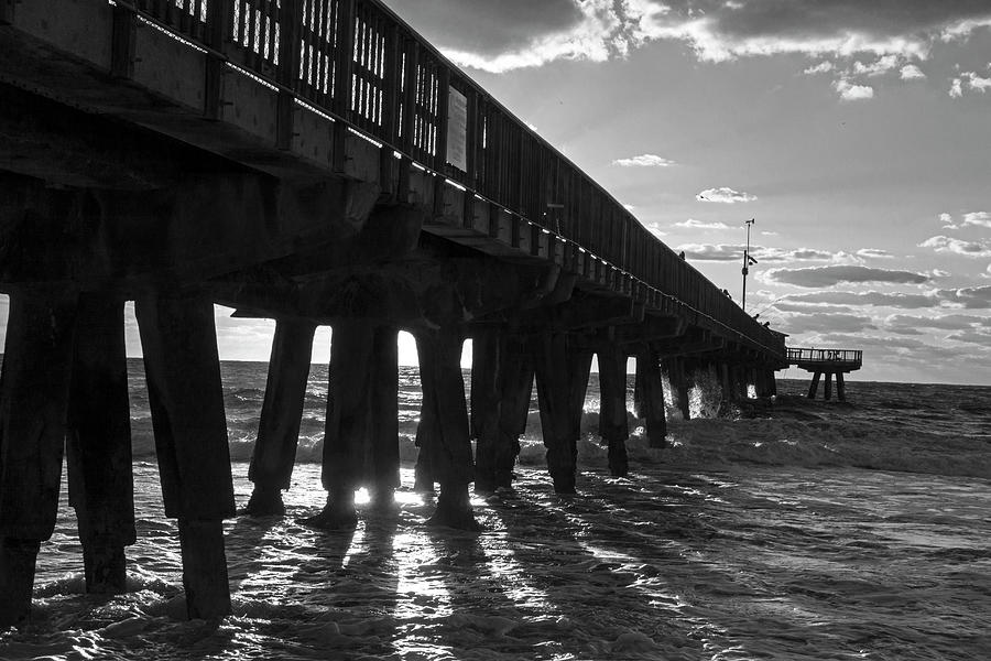 Pompano Beach Fishing Pier at Sunrise Florida Sunrays Black and White Photograph by Toby McGuire