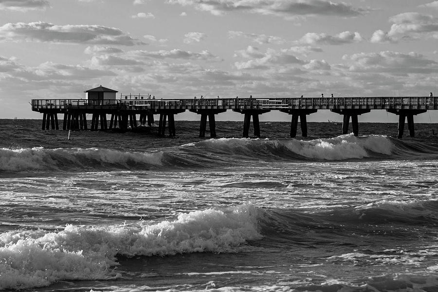 Pompano Beach Fishing Pier at Sunrise Florida Sunrise Waves Black and White Photograph by Toby McGuire