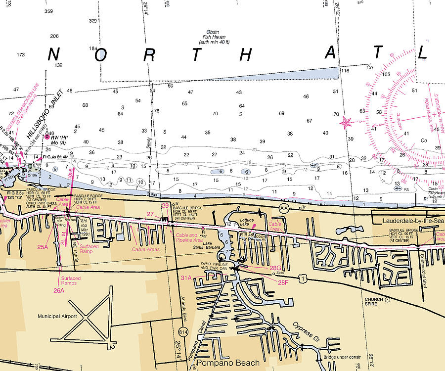 Pompanobeach florida Nautical Chart _v6 Mixed Media by Sea Koast Pixels