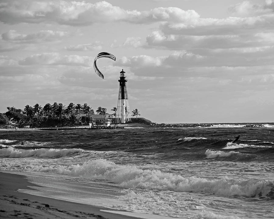  Pompano Beach Kiteboarder Hillsboro Lighthouse Waves Black and White Photograph by Toby McGuire