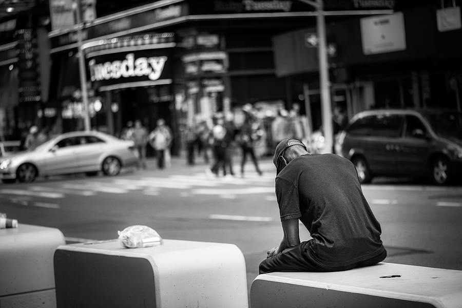 Pondering On 7th Avenue In Black and White Photograph by Greg and Chrystal Mimbs