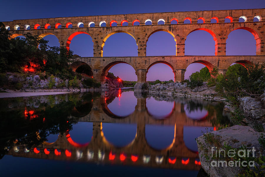 Architecture Photograph - Pont Du Gard by Night #5 by Inge Johnsson
