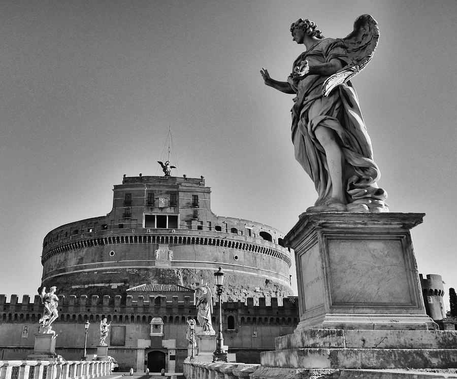 Ponte and Castel SantAngelo Winged Angel Sculptures Rome Italy Black and White Photograph by Shawn OBrien