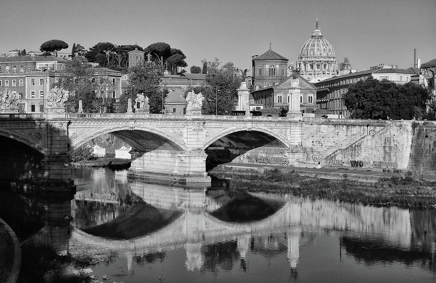 Ponte Pons Bridge Vittorio Emanuele Reflected in the Tiber River Rome Italy Black and White Photograph by Shawn OBrien