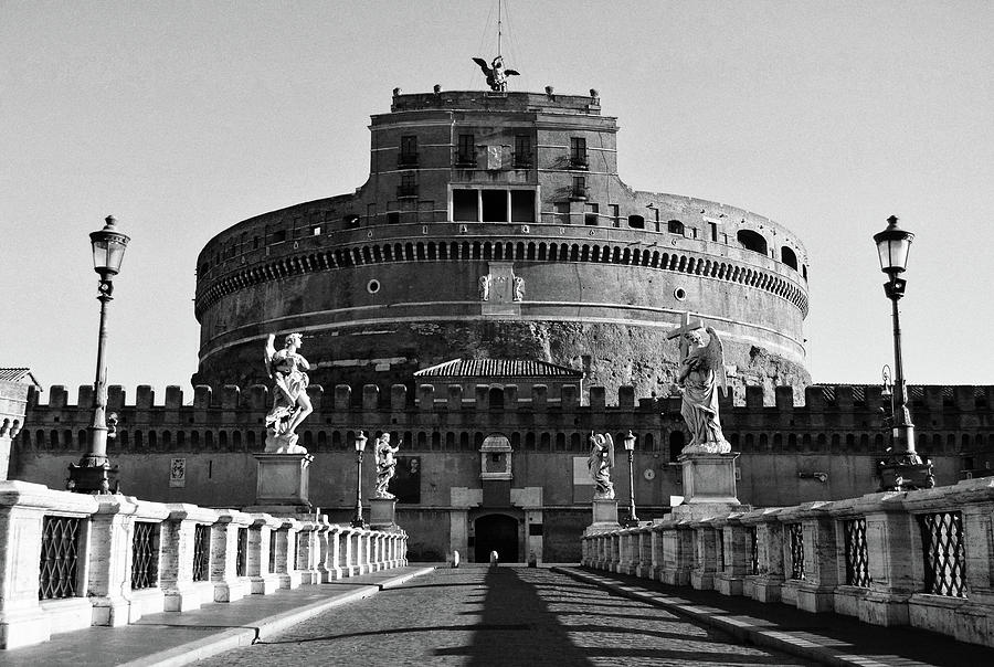 Ponte SantAngelo Leading to Castle SantAngelo Rome Italy Black and White Photograph by Shawn OBrien