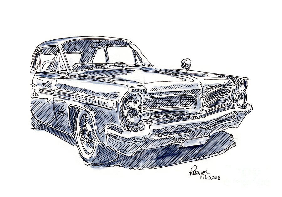 Car Drawing - Pontiac Bonneville Classic Car Ink Drawing and Watercolor by Frank Ramspott