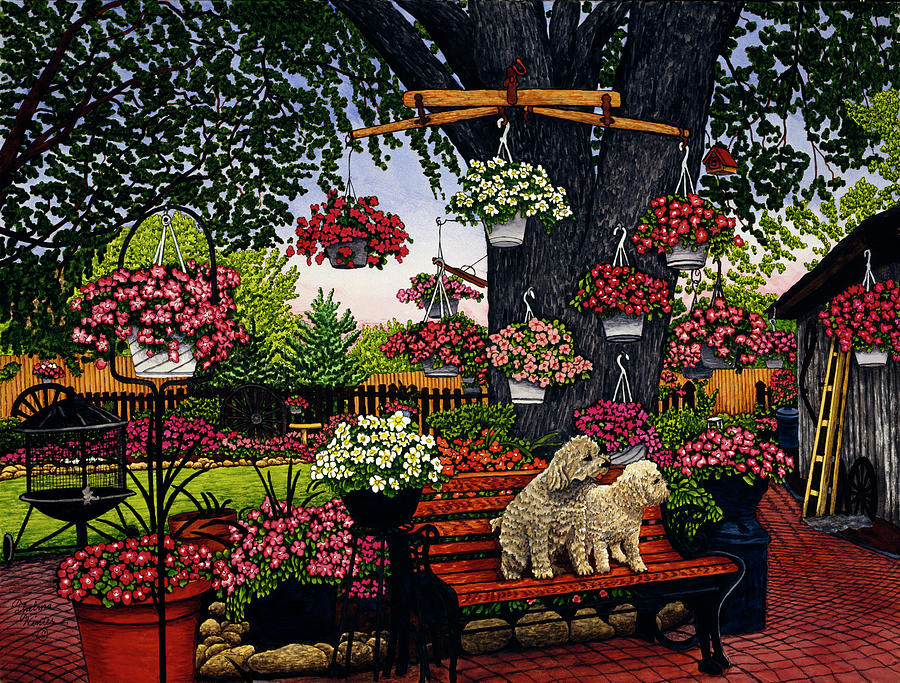 Poodles On A Bench Painting by Thelma Winter