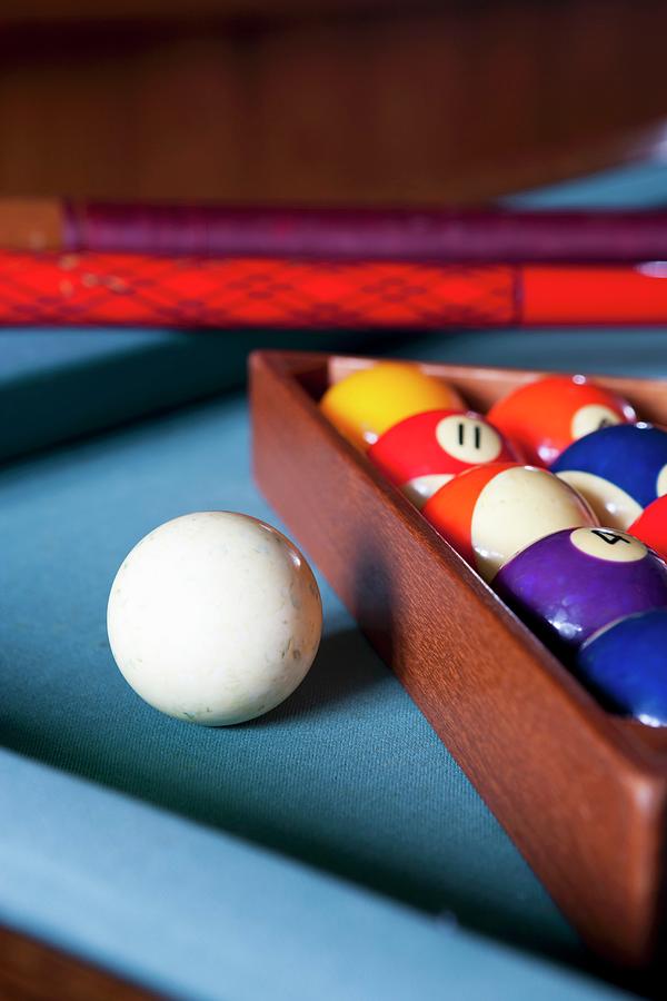 Pool Balls And Cue On Pool Table Photograph by Mans Jensen