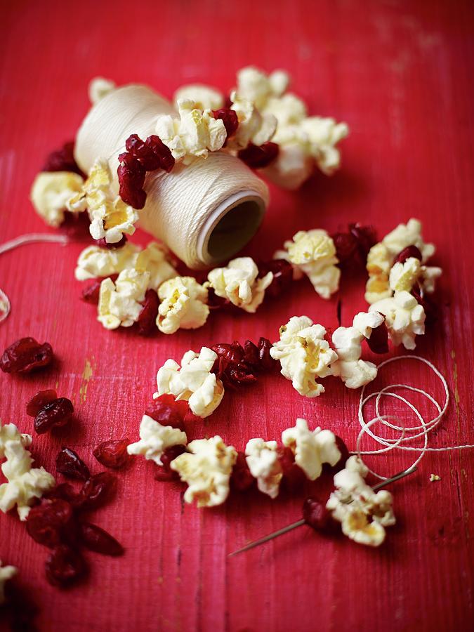 Popcorn And Dried Cranberries Threaded Onto String As Christmas Decorations Photograph by Myles New