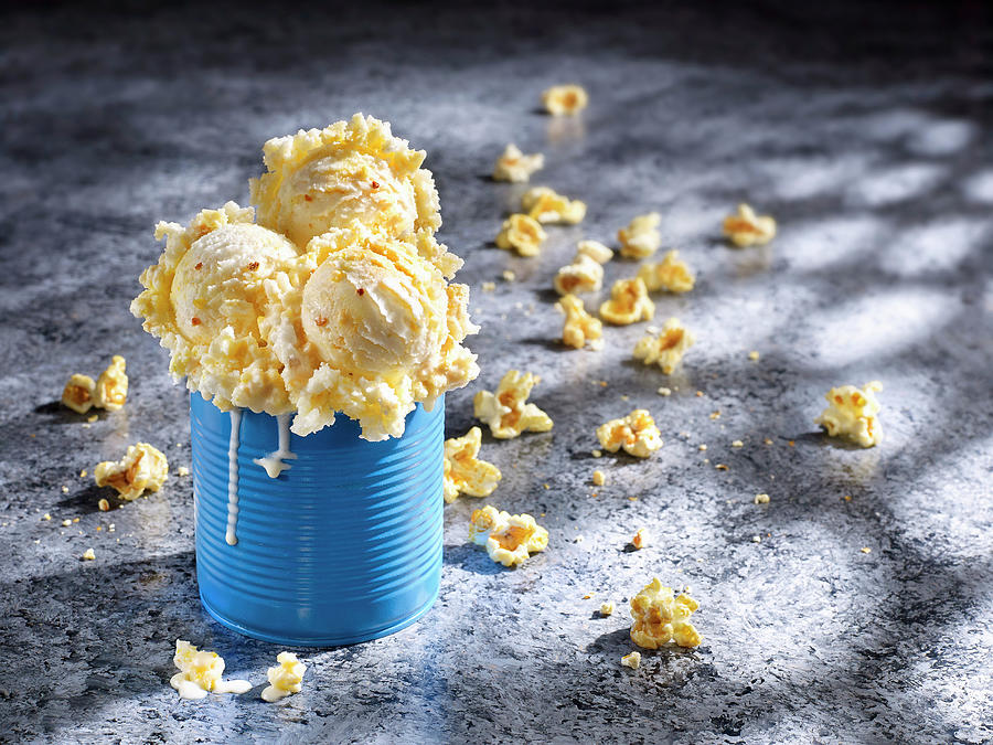 Popcorn Ice Cream Served In A Blue Tin Can Photograph by Frank Gllner