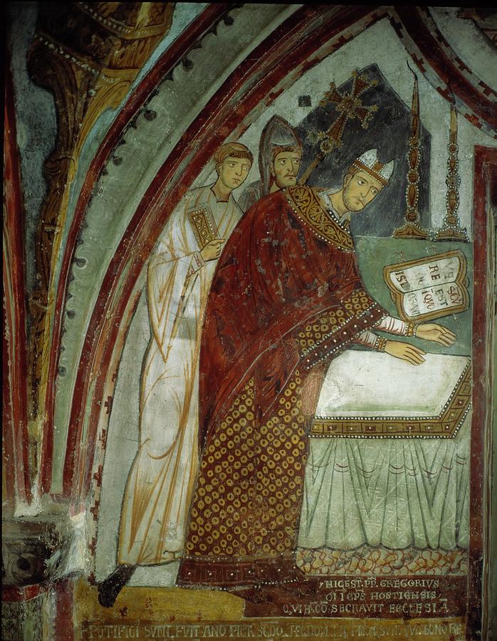 Pope Gregory IX -1170-1241- consecrates Subiaco Chapel Fresco 13th century. St. Benedict Sacro Sp... Painting by Album