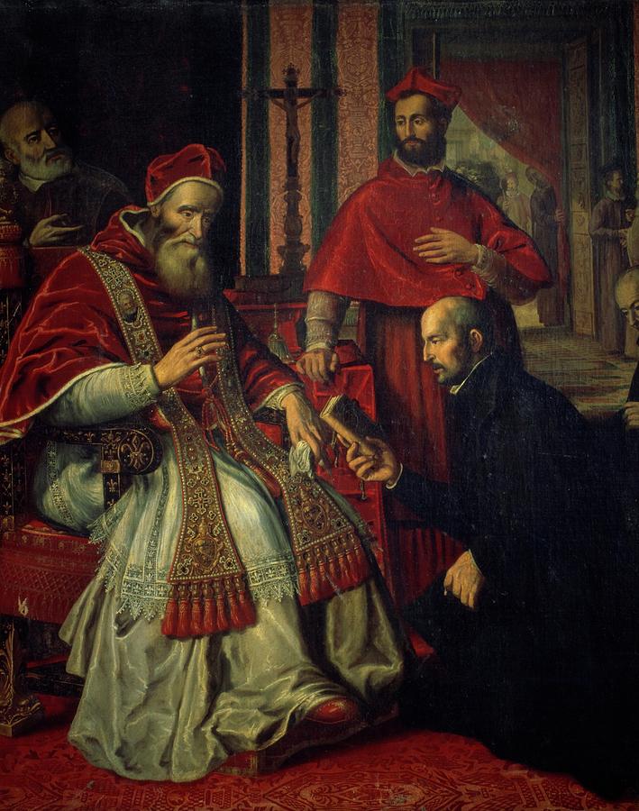 Pope Paul III -Alexander Farnese- -1468-1549- receives rule book of Jesuit order from St. Ignatiu... Painting by Album