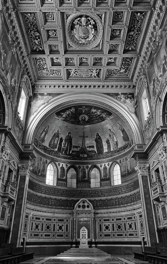 Popes Chair and Ceiling inside St John Lateran in Rome Italy Black and White Photograph by Shawn OBrien