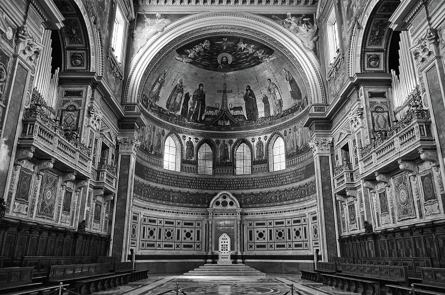 Popes Chair inside St John Lateran in Rome Italy Black and White Photograph by Shawn OBrien