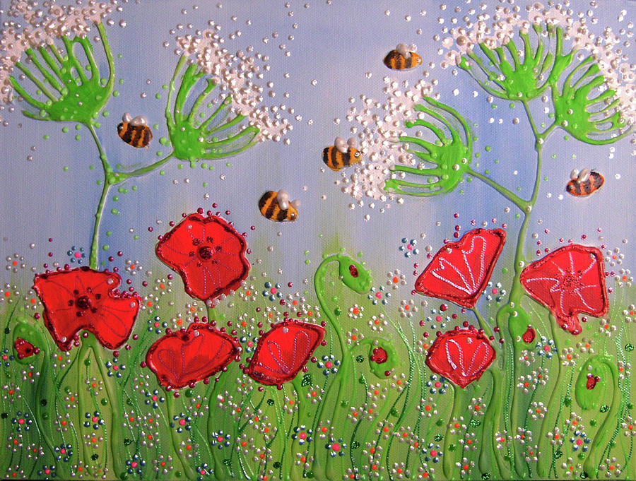 Summer Painting - Poppies And Bees by Angie Livingstone