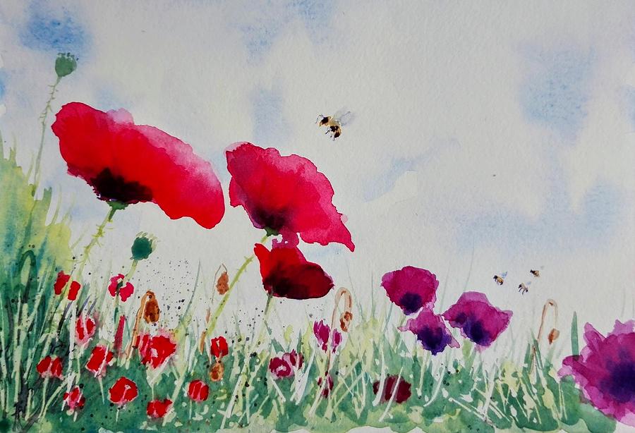 Poppies and Bees Painting by Sandie Croft