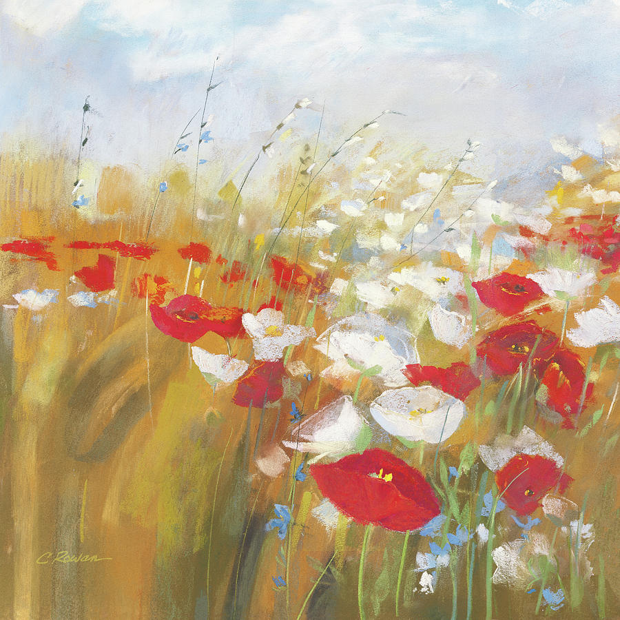 Flower Painting - Poppies And Larkspur I by Carol Rowan